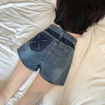 Blocking Retro Denim Shorts Women's Summer High Waisted Baggy