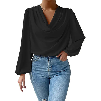 Elegant Women's Shirts Fashion Blouse 2023 Spring/Summer Chiffon  Loose Draped V-Neck Top Office Lady Solid Shirt S-XXXL