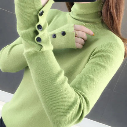 HELIAR Women Turtleneck Buttons Solid Warm Sweater Long Sleeve Knit Basic Pullover Slim Office Jumper For Women 2024 Fall Winter