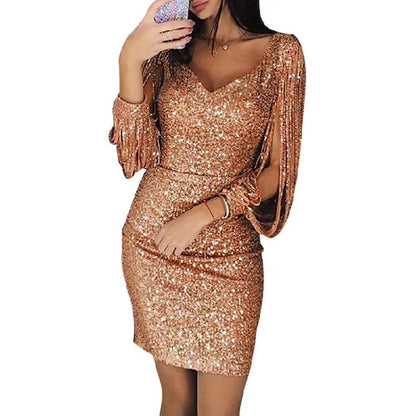 Sexy Sequin Fringe Long Sleeve Dress - Buttock Nightclub Party Dress