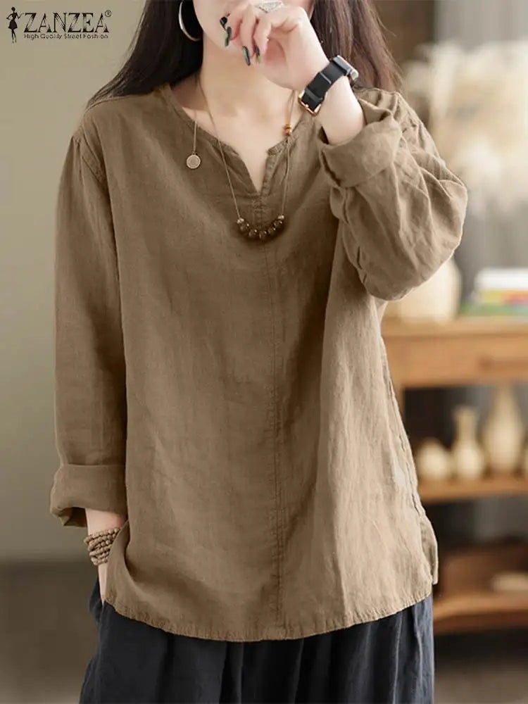 Vintage Women Cotton Blouse Spring V Neck Long Sleeve Tops 2023 ZANZEA Retro Solid Loose Shirt Female Work Tunic Blusas Mujer