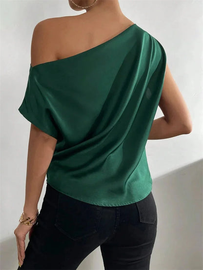 Women Summer Style Blouses Shirts Lady Casual Sleeveless Skew Collar Solid Color Blouse Tops