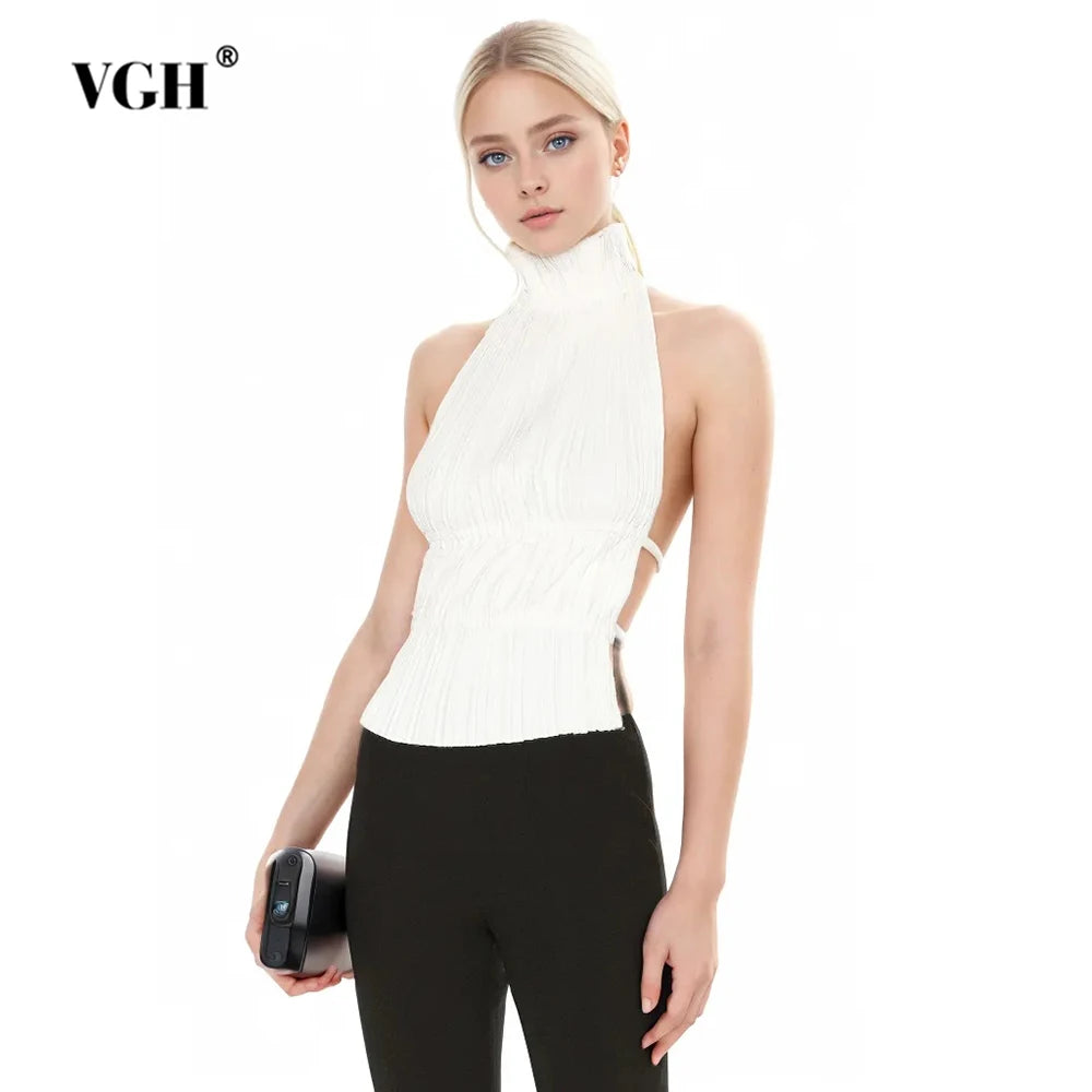 VGH Solid Patchwork Lace Up Sexy Tank Tops For Women Halter Sleeveless Backless Spliced Folds Minimalist Slimming Vests Female