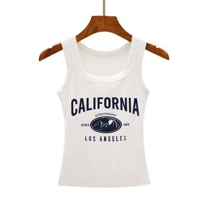 California Los Angeles Prints Tank Top Summer Women Sleeveless Tight Ribbed Female Cotton Knit Vest Straps Casual Street Clothes