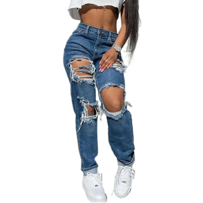 Hollow Out Ripped Straight Jeans Women's Blue Punk Baggy