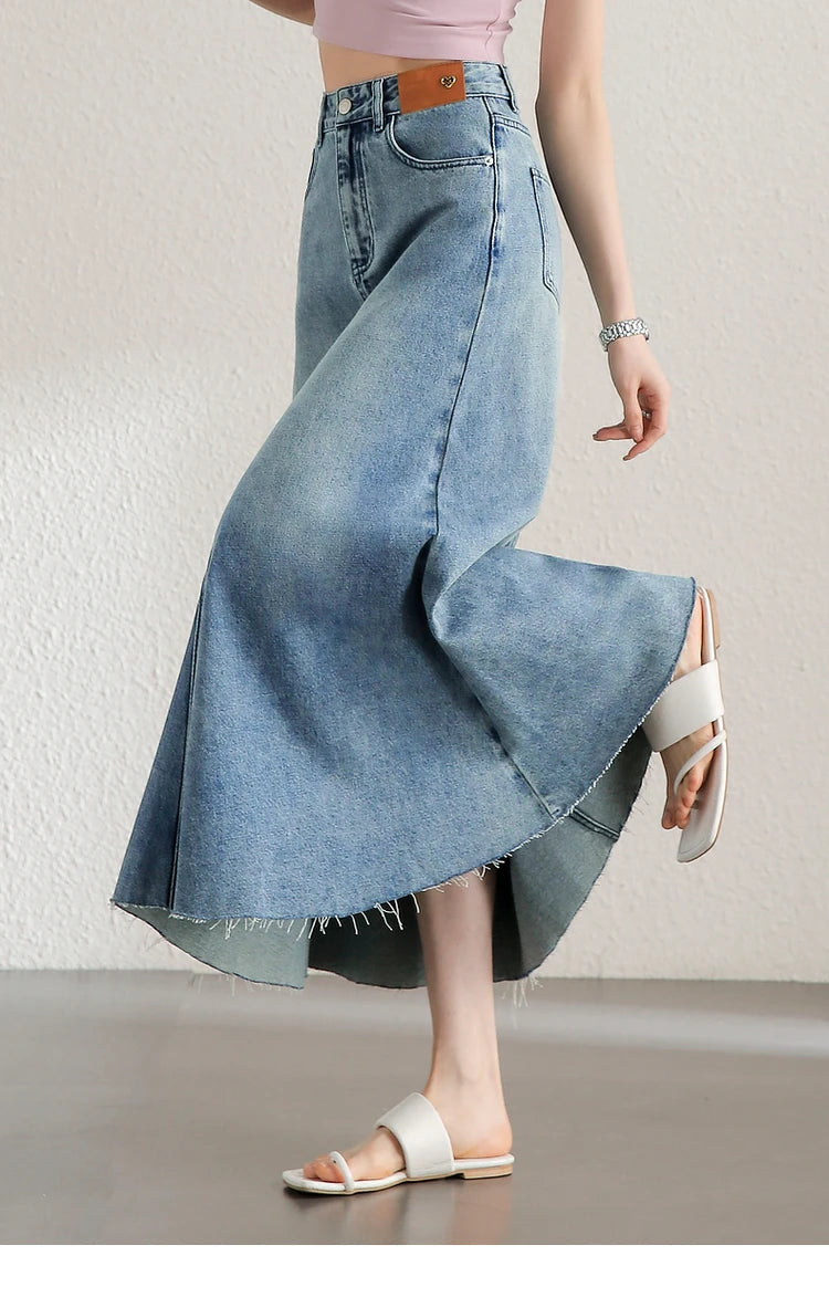 Sentubila Retro Washed A-Line Long Denim Skirt New