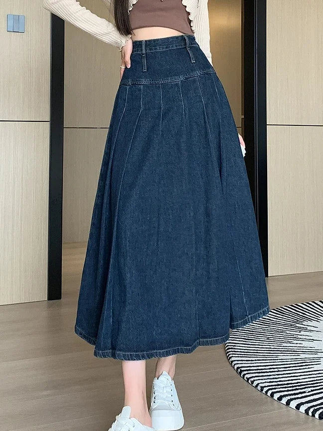 Pleated Jeans Skirts Spring Autumn High Waist Long Washing