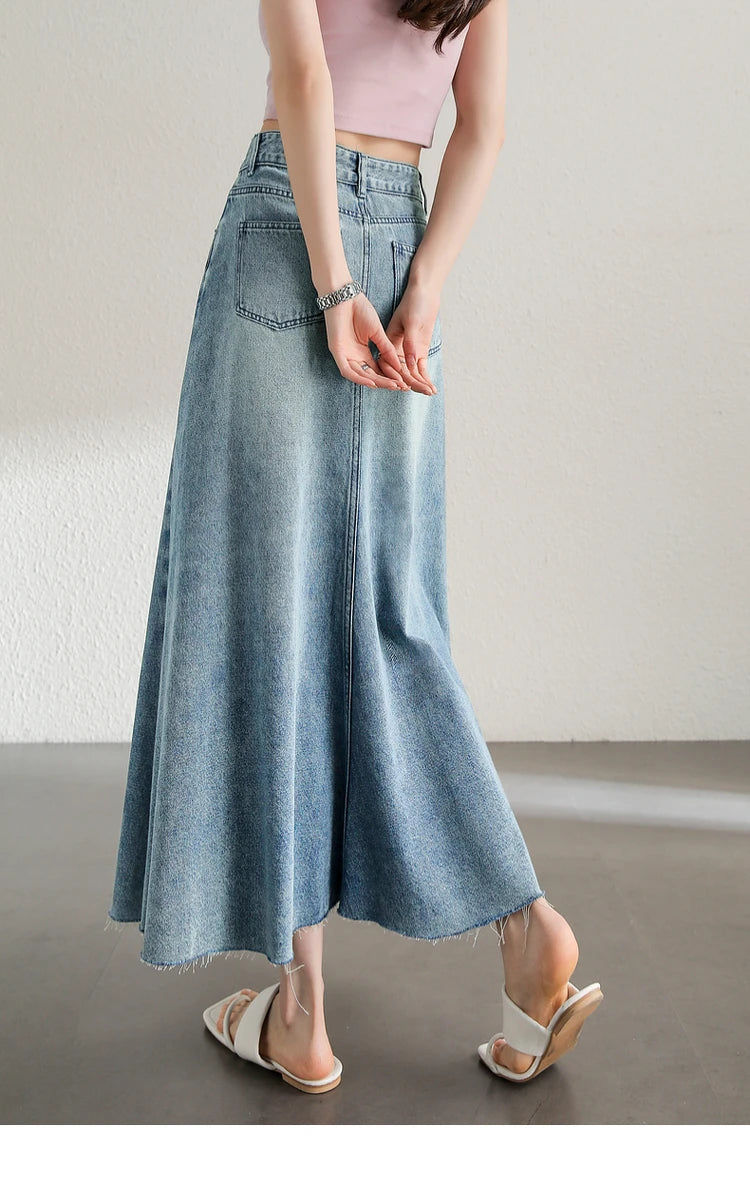 Sentubila Retro Washed A-Line Long Denim Skirt New