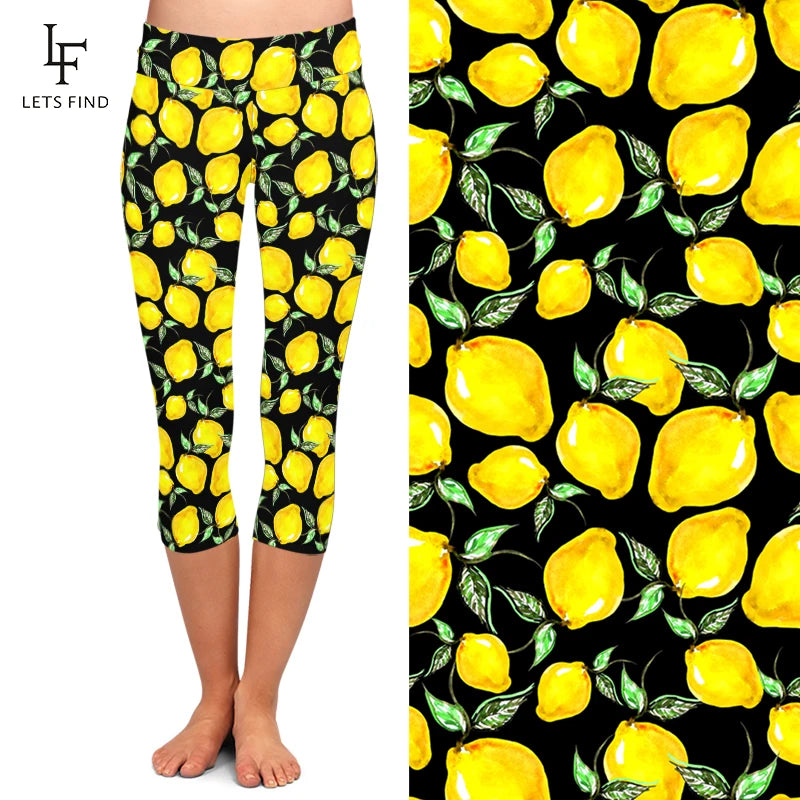 Summer New 3D Lemon Digital Printed Capri Leggings High Waist High Elastic