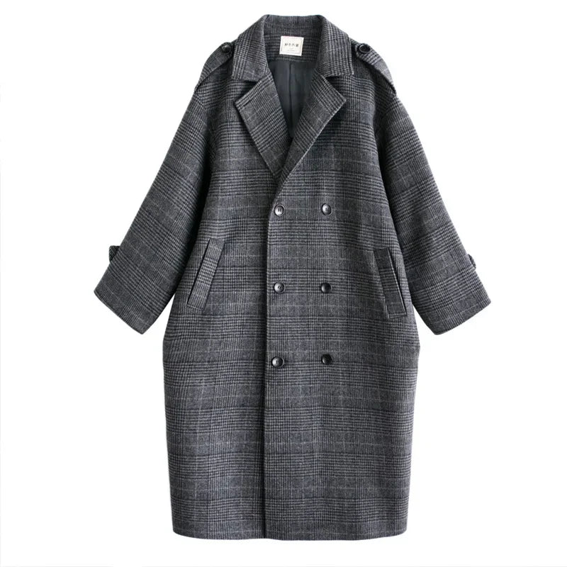 Women's Woolen Coat - Plaid Long Korean Style