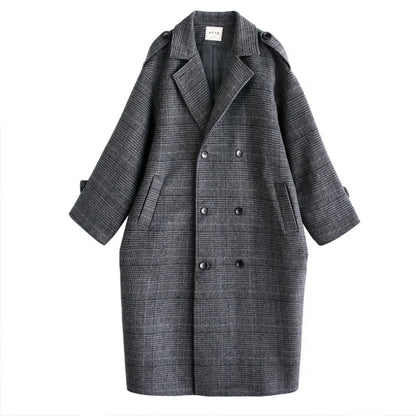 Women's Woolen Coat - Plaid Long Korean Style