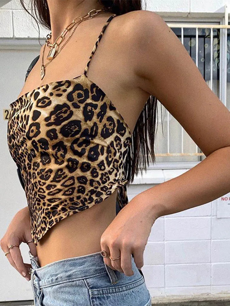 Leopard Pattern Women Tank Tops Backless Sexy Rave Outfits Sleeveless Cross Lace Up Bralette Crop Top Summer Streetwear