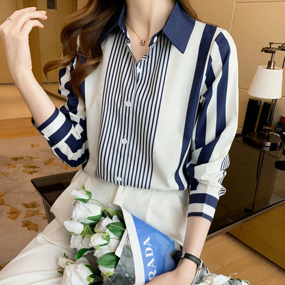 Long Sleeve Striped Chiffon Blouse Shirt Women Tops Blusas Mujer De Moda 2024 Turn Down Collar Blouse Women Blouses Shirts G316