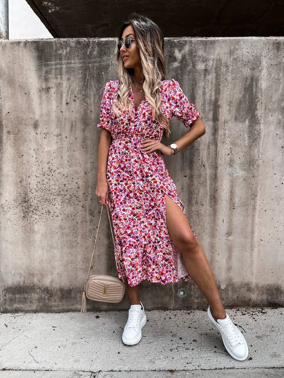 Summer Floral Print Dress Women's V Neck Side Slit Long Dress Elegant Short Sleeve