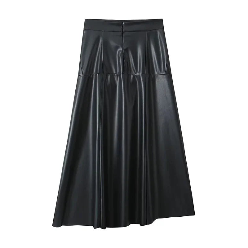 Women's Spring Vintage Leather Black Long Skirt Fashion High Waist