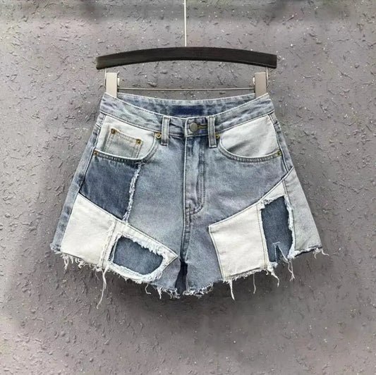 Streetwear Contrast Color Patchwork Denim Shorts Women's Fashion High Waist Loose