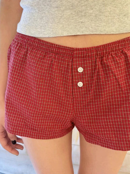 Red Plaid Casual Home Shorts Buttons Elastic Waist Straight Sweatshorts