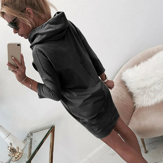 Women's Solid Color Hoodie Dress - Long Sleeve, Summer Beach Dress