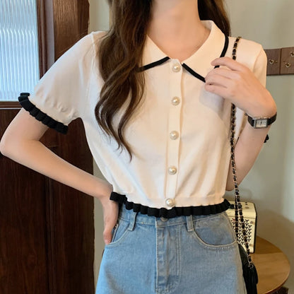 Sweet Women Shirt Korean Knitted Turn Down Collar Chic Short Sleeve Female Blouse Summer Retro Slim All Match Ladies Crop Tops