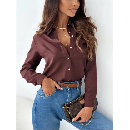 Elegant Lady Shirt Top Blouse2023 Autumn Simple Solid V-Neck Shirt Office Women's Wear