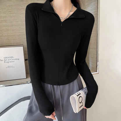 Streetwear Women Long Sleeve T Shirt Early Autumn Solid Slim Fit Turtleneck Shirts Female Zipper Up Y2K Clothes Woman Crop Tops