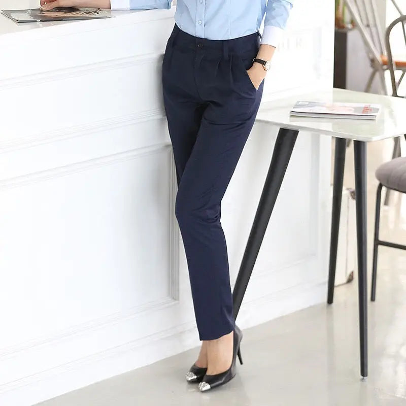 Spring And Autumn Women's Solid Slim High Waisted Straight Leg Pants Button