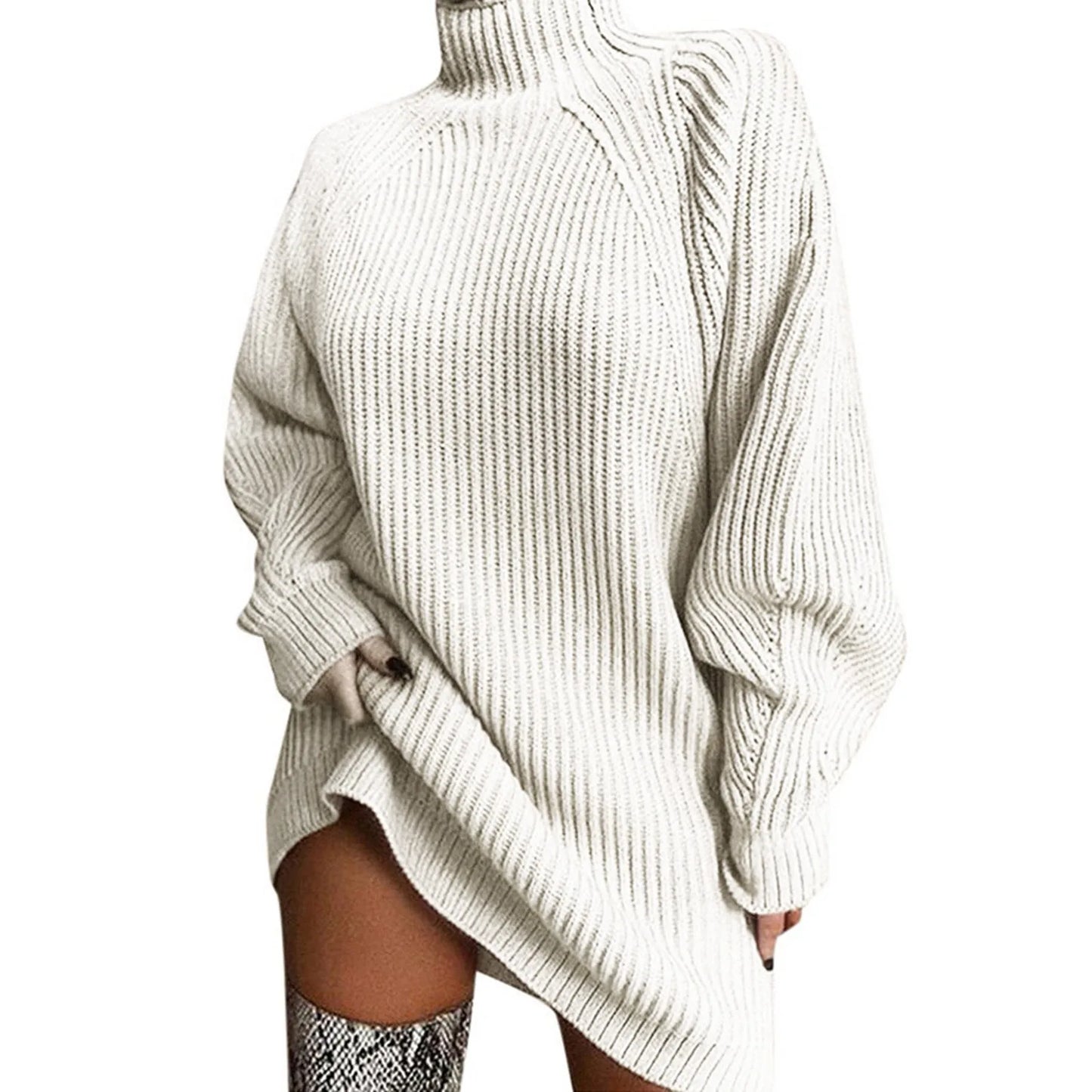 Solid Sweater Sleeve Dress Pullover Turtleneck Loose Long Women Winter Fashion Sweater Sweater Dress for Women Knee Length