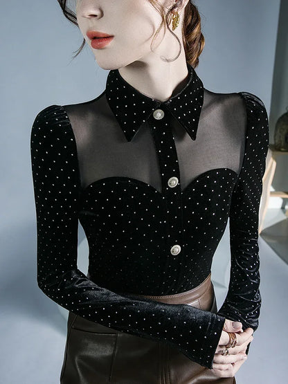 Black Vintage Doll Collar Polka Dot Gold Velvet Top Women's Autumn and Winter Gauze Splicing Perspective Sexy T-shirt