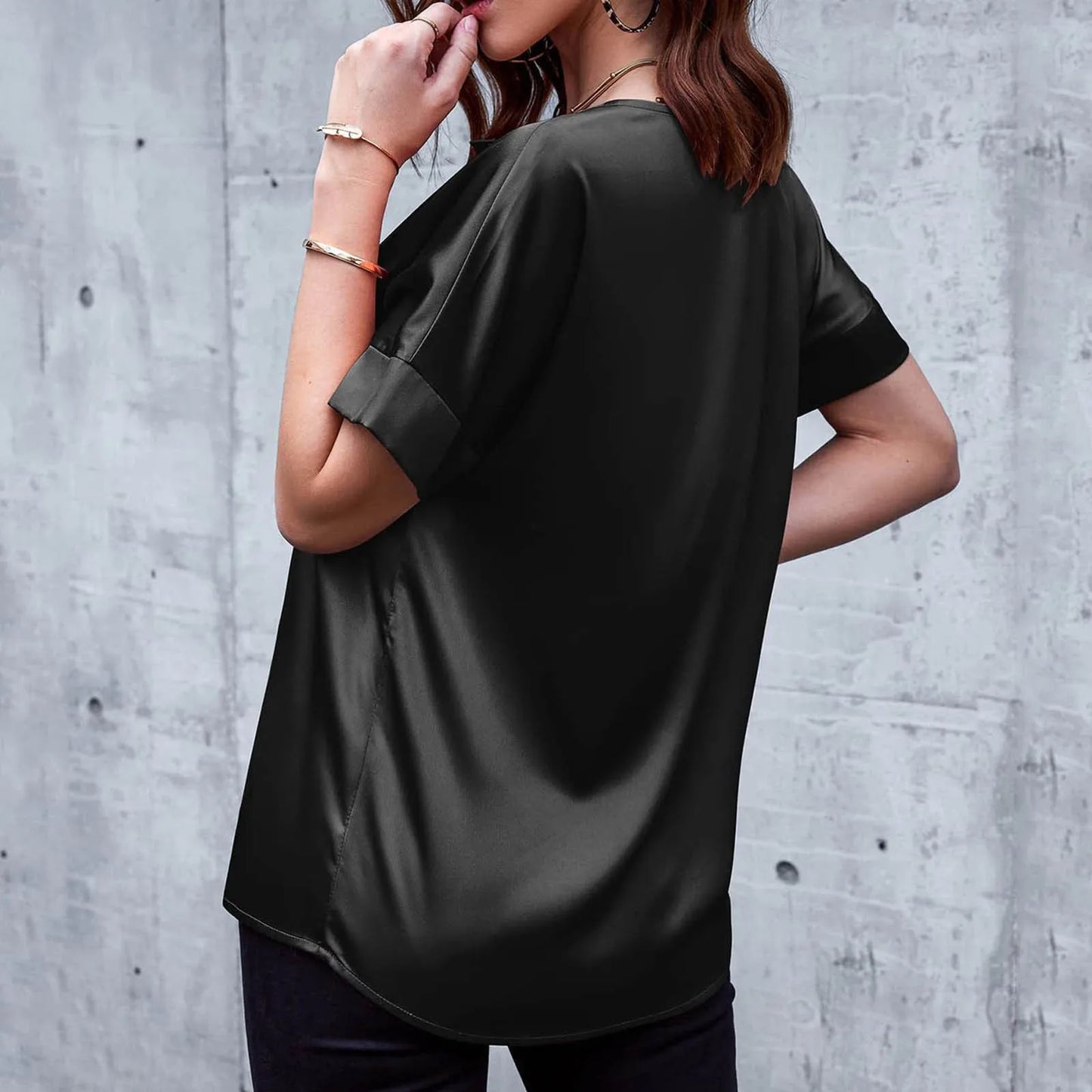 2024 Spring Summer New Women's Satin Shirts Top Solid Color V Neck Short Sleeve Tees Shirt Women Elegant Tees Blouse Streetwear