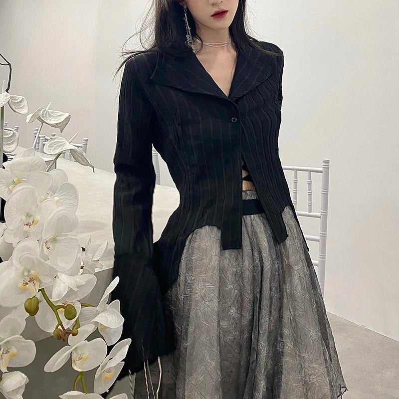 Gidyq Gothic Women Black Shirts Korean Female Designed Irregular Tops Dark Academic Spring Fashion Streetwear Y2K Blouse New