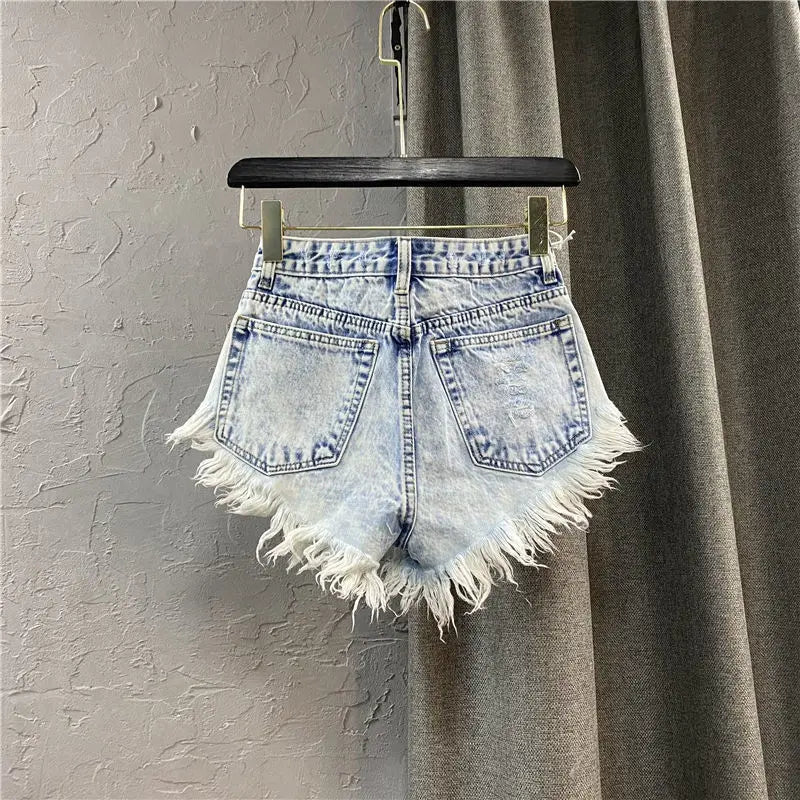 High Waist Single Breasted Women's Jeans Hot Pants Fringed