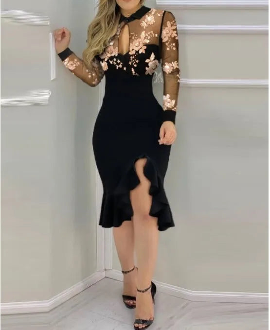 Sexy Mesh Ruffle Dress Long Sleeve Long Dress Fashion Wedding Guest Elegant Dress