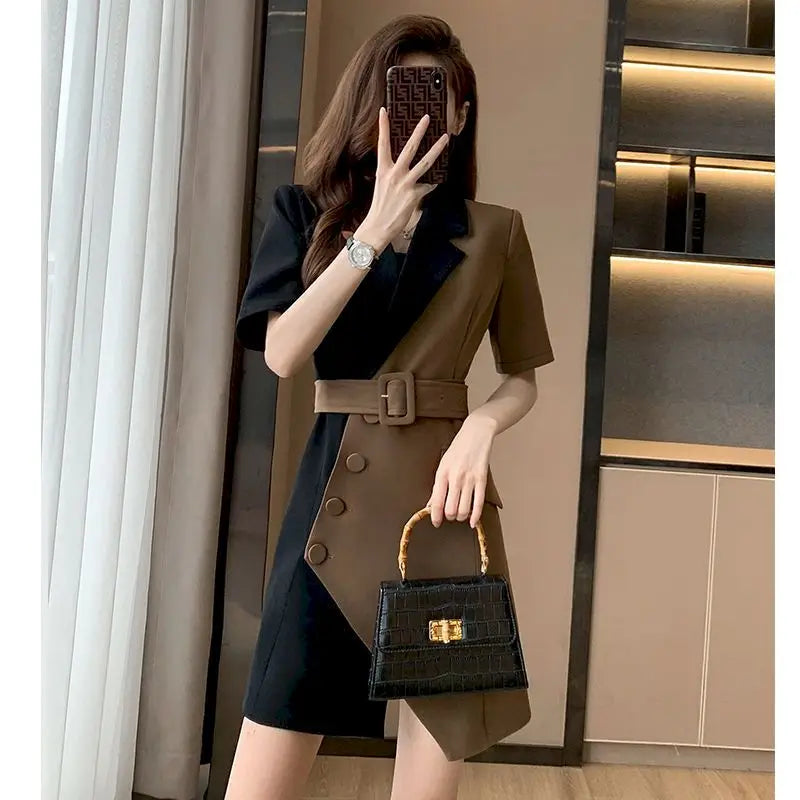 Summer Fashion Short Sleeve Blazer Dresses Women French Suit Mini Skirts Belt Dress