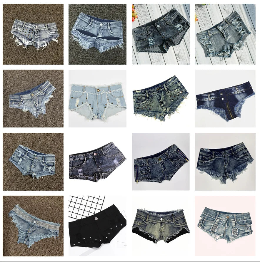 Women's Shorts Sexy Hole Rivet Low Waist Thong Denim Ultra Mini Short