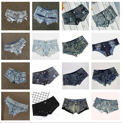 Women's Shorts Sexy Hole Rivet Low Waist Thong Denim Ultra Mini Short