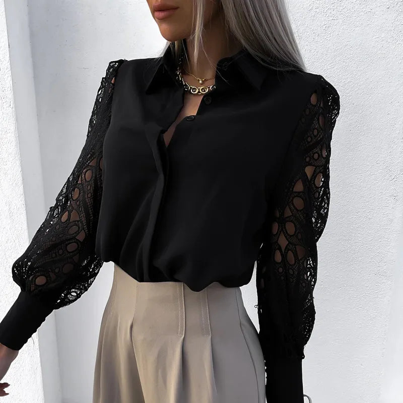 White Lace Patchwork Camisa Top Mujer Spring Summer Casual Long Sleeve Shirts For Women 2022 Vintage Hollow Out Button Blouses