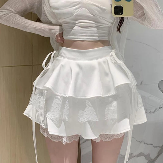 Y2K Sweet Solid Women's Mini Skirt Summer High Waist Lace Patchwork