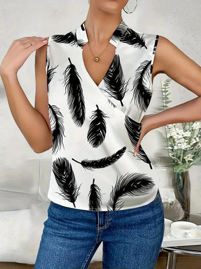 Women's Blouse White Shirts & Blouses Print Sleeveless Tops Loose V Neck Pulovers Summer Youthful Woman Clothes 2024 New