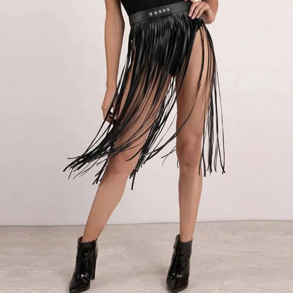 Women's High Waist Faux Leather Fringe Tassels Skirt With Buttons