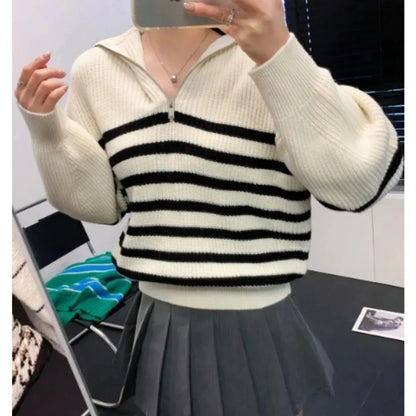 Women's Turtleneck Loose Lapel Striped Knitwear Women Pulovers New Simplicity Half Zipper Casual Fashion Women Sweaters 2024