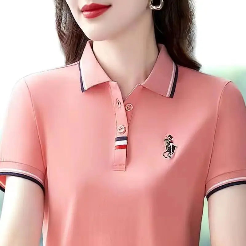 Women's Short Sleeve T-shirt 2024 New Middle-Aged Women's Lapel T-shirt Loose Female's Embroidery Contrast Polo Shirt