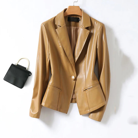 Women's Office Blazer - Genuine Leather Suit Jacket, Slim Sheepskin Coat