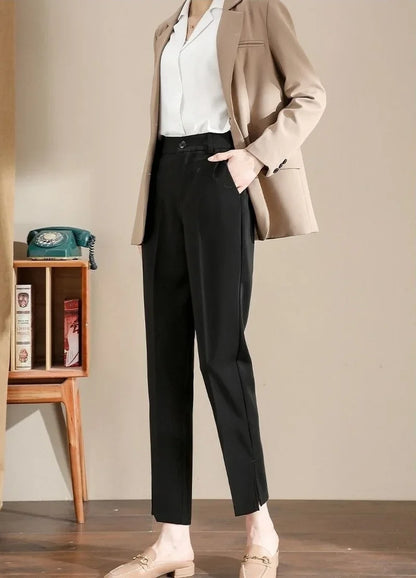 Capris Office Elastic Waist Clothing Women's Tailoring Trousers Buttons