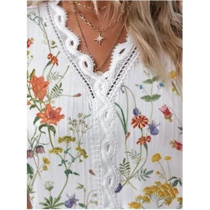 Elegant Blouse Printed Short Sleeve Shirts 2023 Summer Office LadyV Neck Lace Panel Shirt S-XXL