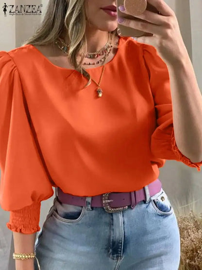 ZANZEA 2024 Summer Streetwear Blouse Solid Women Puff 3/4 Sleeve Blusa Fashion Pleating Elegant Round Neck Shirt Casual Y2k Tops