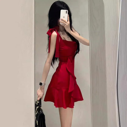 Red Camisole Dress Women Spring Summer New Waist Reduction Slimming Short Skirt