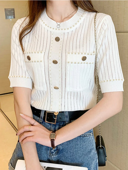 LJSXLS White Tshirt Women Summer 2024 Short Sleeve Top Ladies  Pockets Basic T Shirts Knitted Casual Clothes Tee Shirt Femme