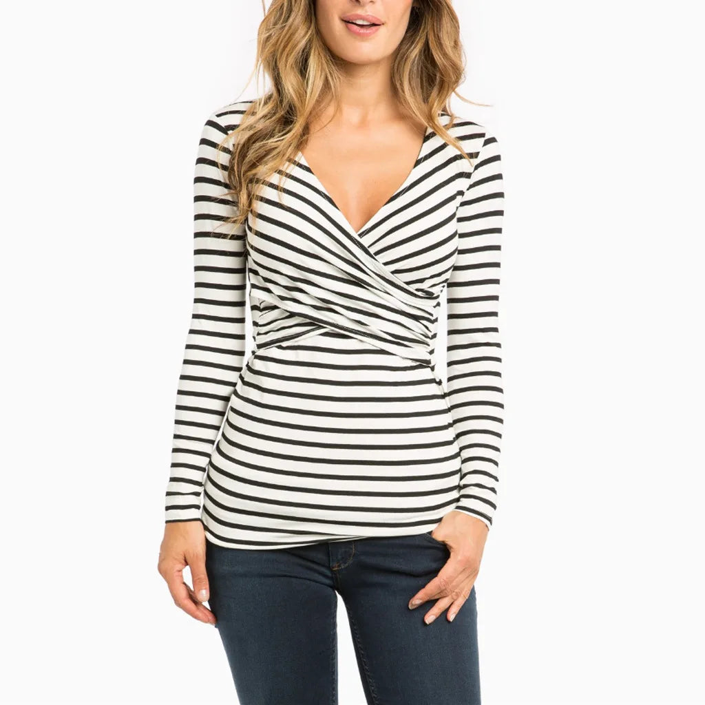 New Pregnant Women T-shirt Maternity Blouse Casual Long Sleeve Striped Nursing Top