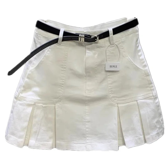 Korean Washed Cotton White Denim Pleated Skirt New Women's