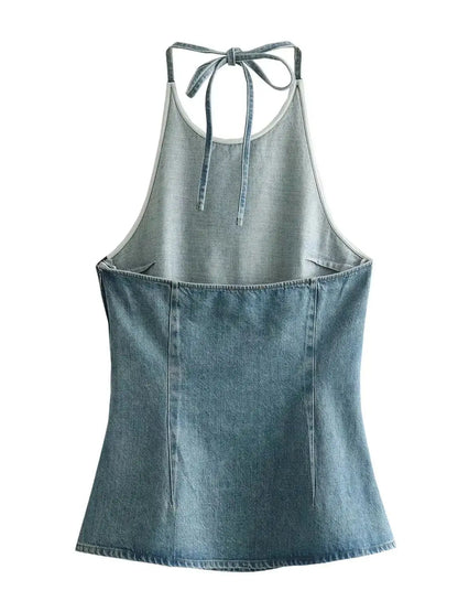 XNWMNZ Women's Fashion Halter Neck Tie Denim Top Women High Street Sleeveless Backless Versatile Female Top